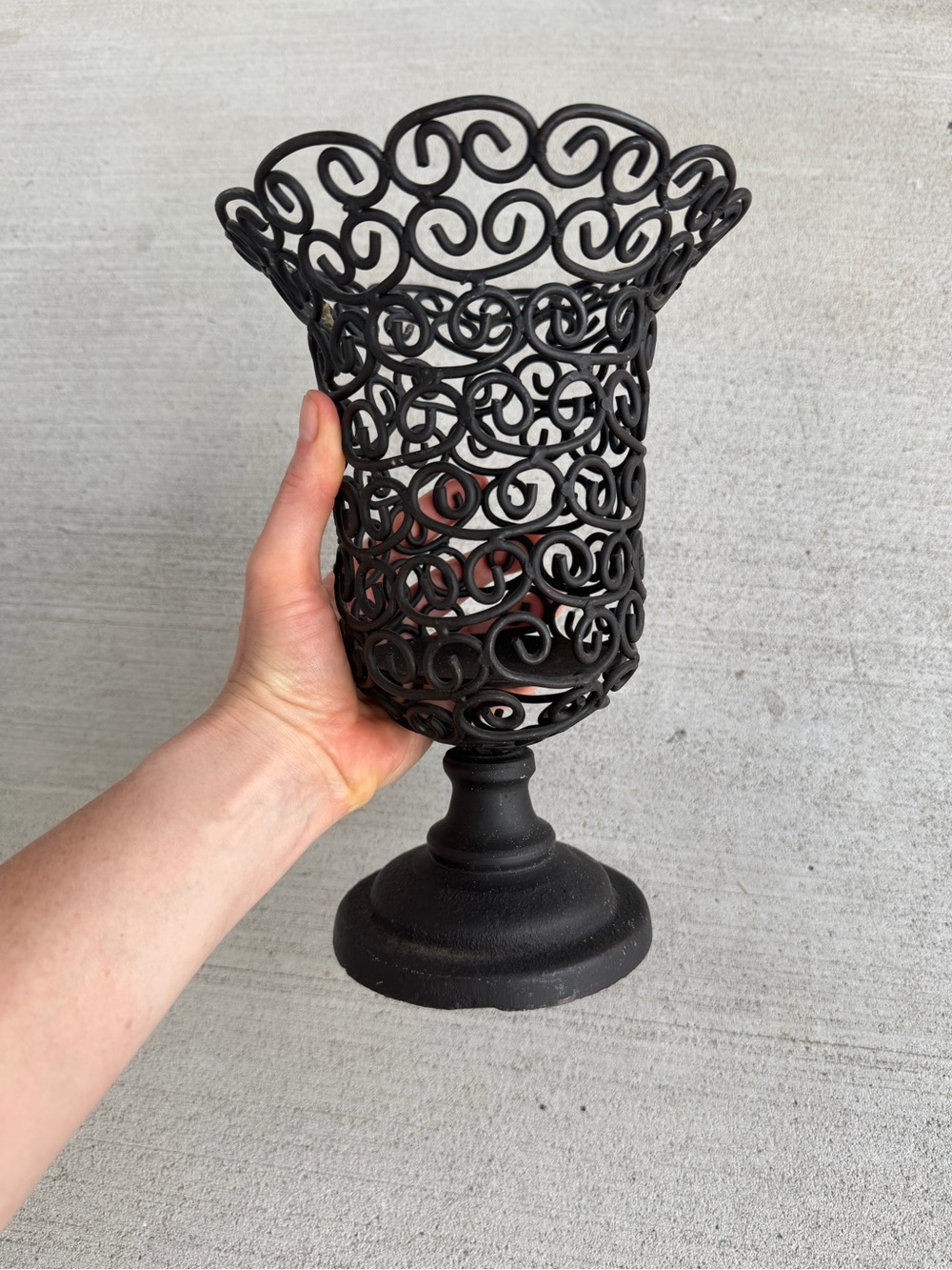 Black Scroll Metal Pillar Candle Holder Pedestal Wrought Iron Style 12” Tall
